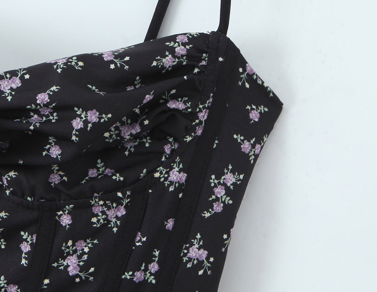 Sexy Sleeveless Floral Dress With Collarless Neckline In Polyester, Knee-Length Style