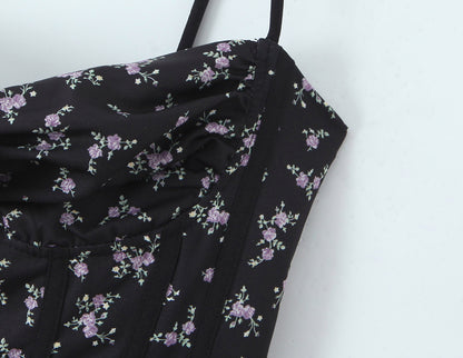 Sexy Sleeveless Floral Dress With Collarless Neckline In Polyester, Knee-Length Style