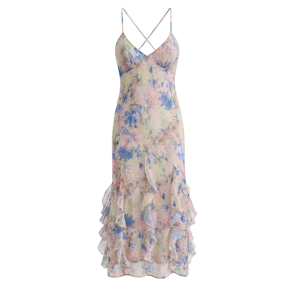 Sleeveless Chiffon Dress With Plunging Neck In Slim Fit, Polyester Fabric, Midi Dress Length