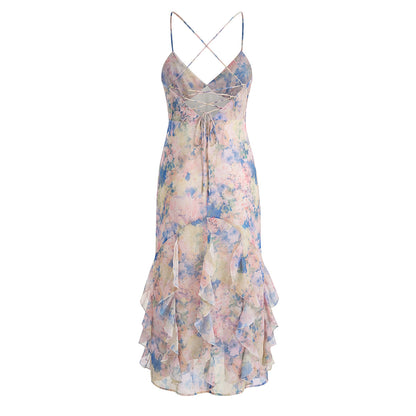 Sleeveless Chiffon Dress With Plunging Neck In Slim Fit, Polyester Fabric, Midi Dress Length