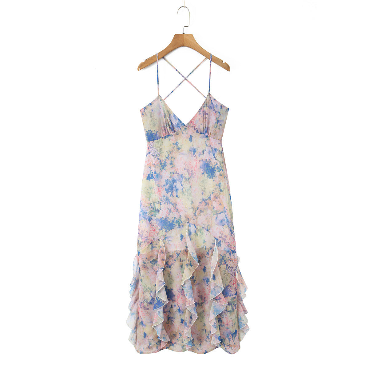 Sleeveless Chiffon Dress With Plunging Neck In Slim Fit, Polyester Fabric, Midi Dress Length