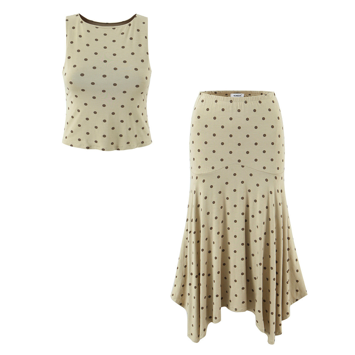 Polka Dots Skirt Co-ord Set In Polyester Featuring Folds With Round Neck Sleeveless Slim Short Design