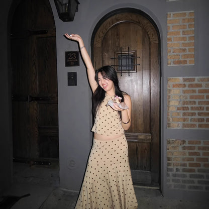 Polka Dots Skirt Co-ord Set In Polyester Featuring Folds With Round Neck Sleeveless Slim Short Design