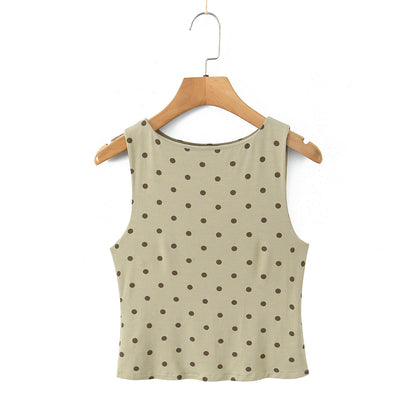 Polka Dots Skirt Co-ord Set In Polyester Featuring Folds With Round Neck Sleeveless Slim Short Design