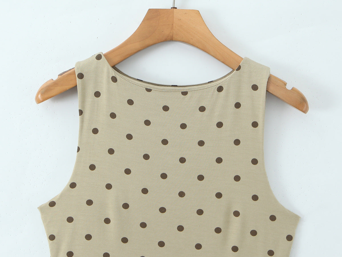 Polka Dots Skirt Co-ord Set In Polyester Featuring Folds With Round Neck Sleeveless Slim Short Design