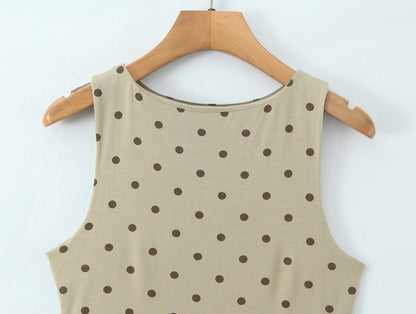 Polka Dots Skirt Co-ord Set In Polyester Featuring Folds With Round Neck Sleeveless Slim Short Design