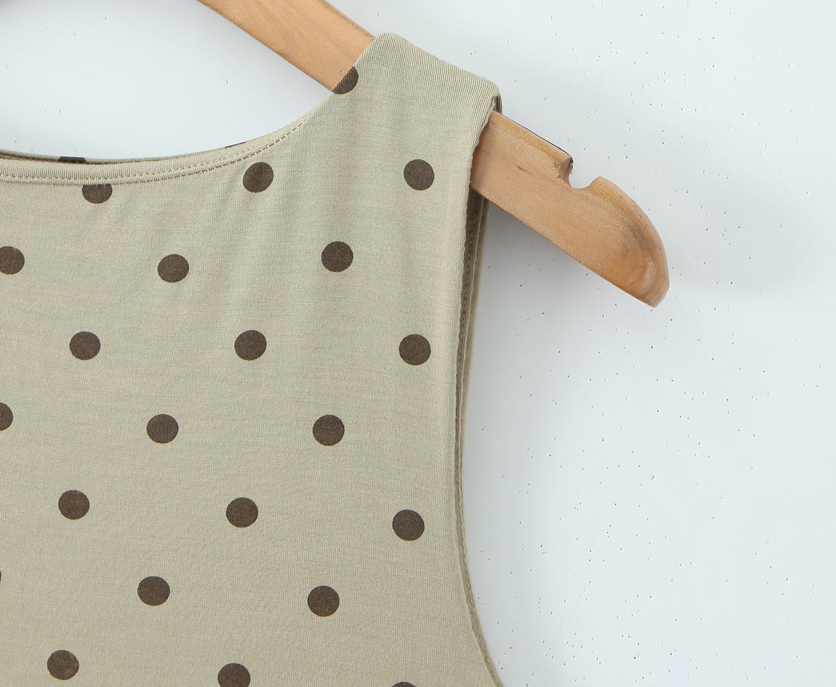 Polka Dots Skirt Co-ord Set In Polyester Featuring Folds With Round Neck Sleeveless Slim Short Design