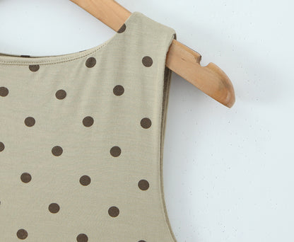 Polka Dots Skirt Co-ord Set In Polyester Featuring Folds With Round Neck Sleeveless Slim Short Design