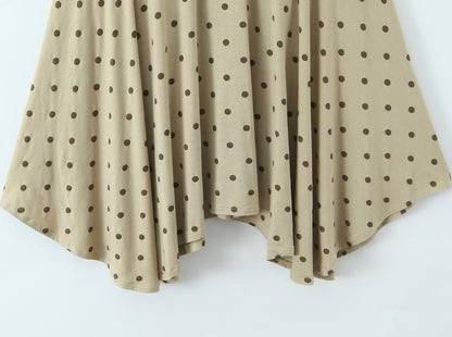 Polka Dots Skirt Co-ord Set In Polyester Featuring Folds With Round Neck Sleeveless Slim Short Design