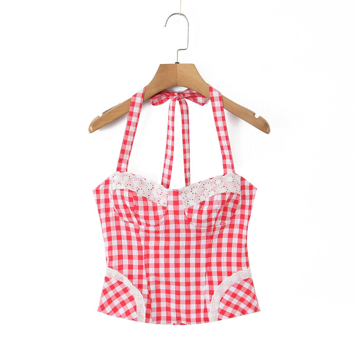 Sexy Plaid Polyester Bandeau Top With Halter Strap Design For Trendy Summer Style