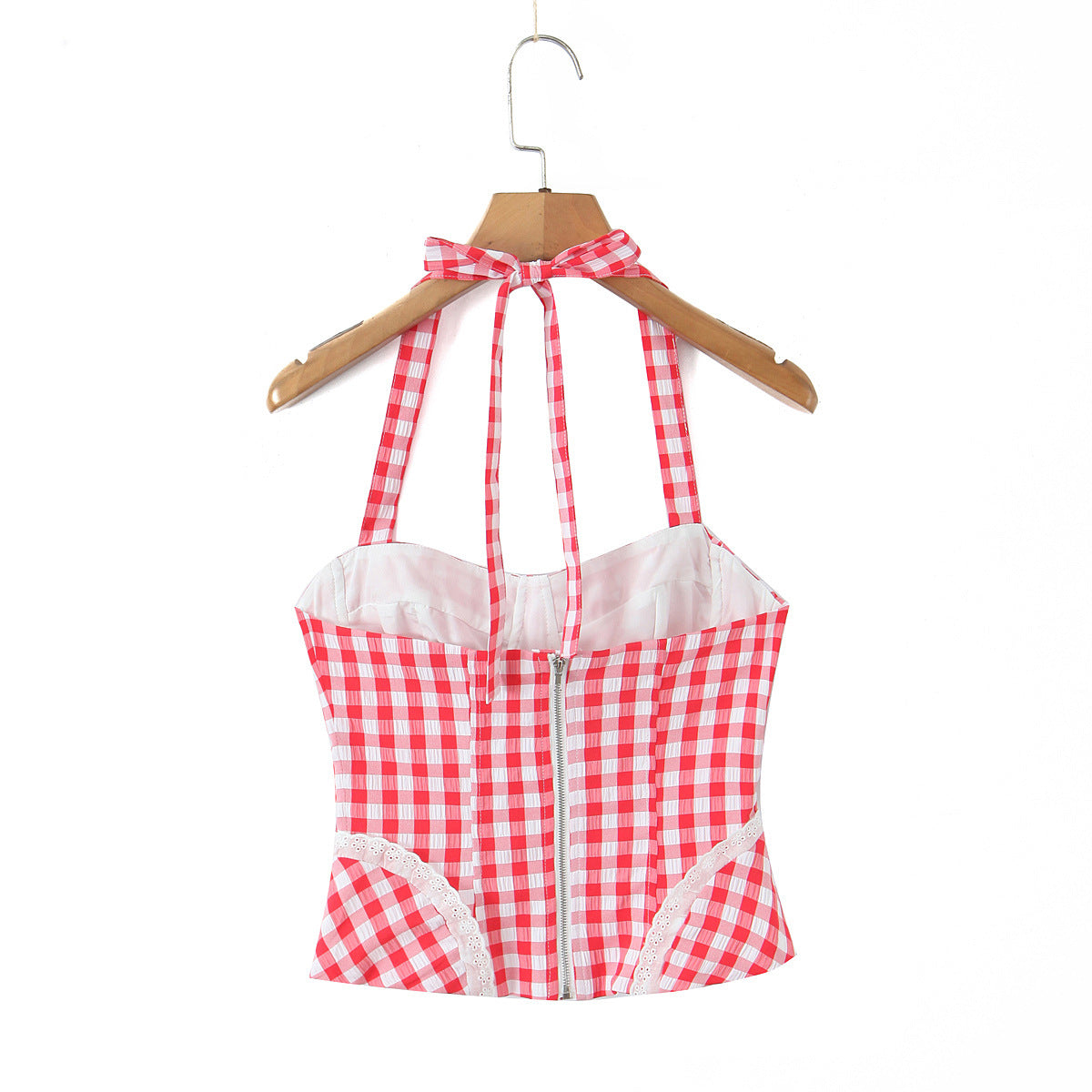 Sexy Plaid Polyester Bandeau Top With Halter Strap Design For Trendy Summer Style