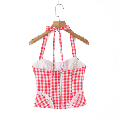 Sexy Plaid Polyester Bandeau Top With Halter Strap Design For Trendy Summer Style