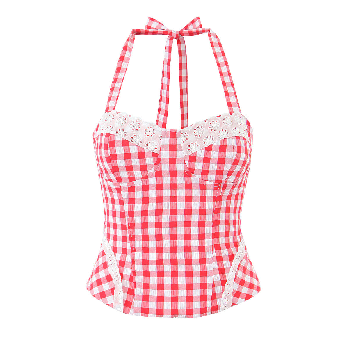 Sexy Plaid Polyester Bandeau Top With Halter Strap Design For Trendy Summer Style