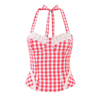 Sexy Plaid Polyester Bandeau Top With Halter Strap Design For Trendy Summer Style