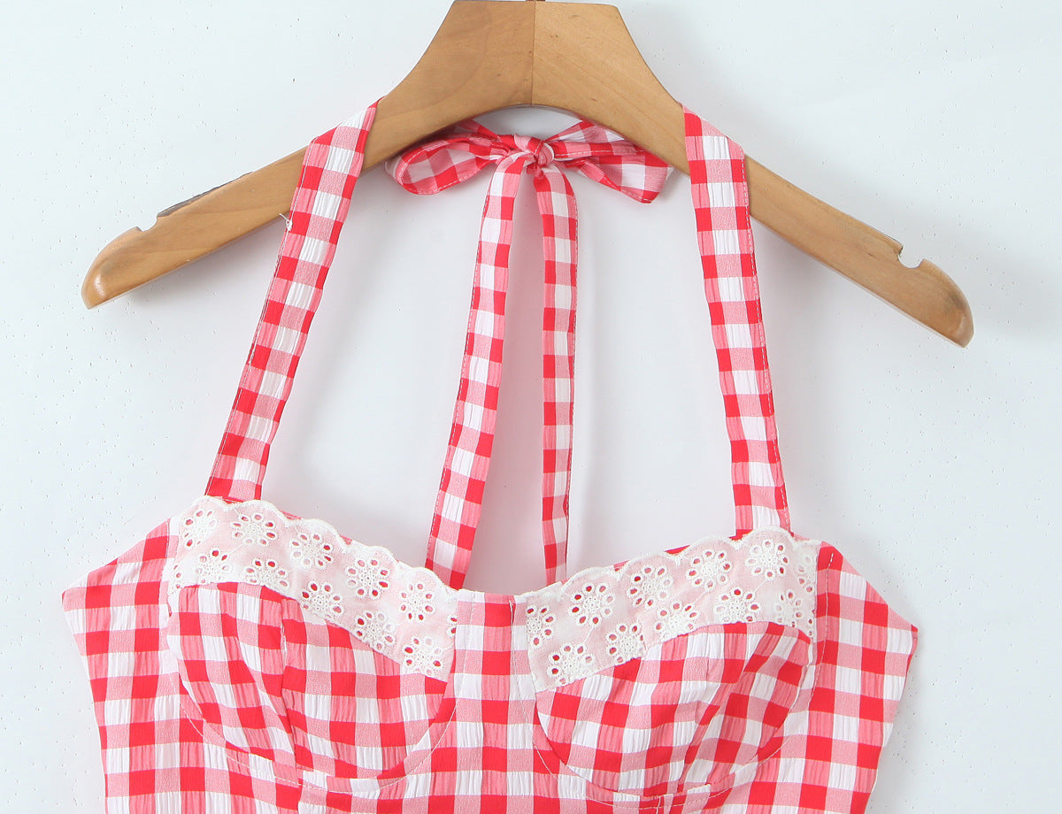 Sexy Plaid Polyester Bandeau Top With Halter Strap Design For Trendy Summer Style