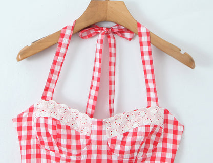 Sexy Plaid Polyester Bandeau Top With Halter Strap Design For Trendy Summer Style