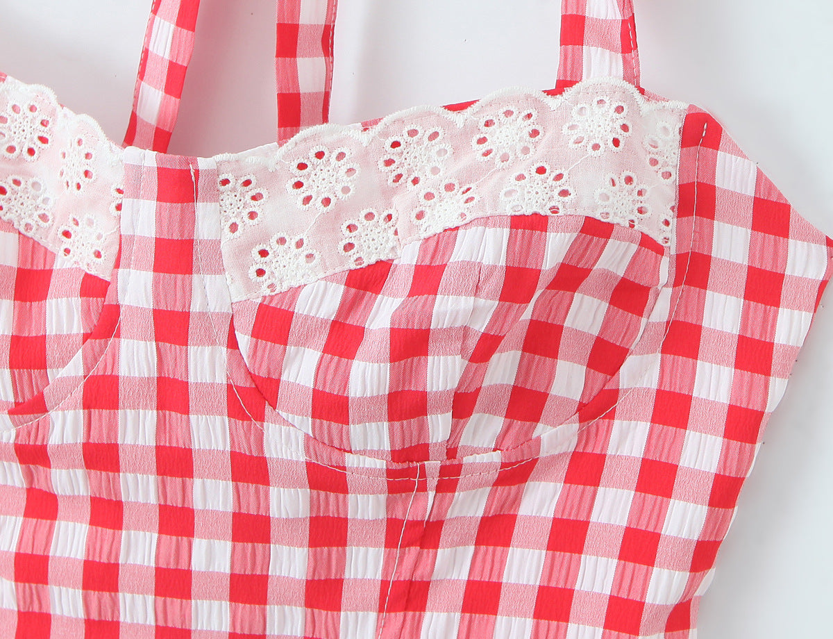 Sexy Plaid Polyester Bandeau Top With Halter Strap Design For Trendy Summer Style