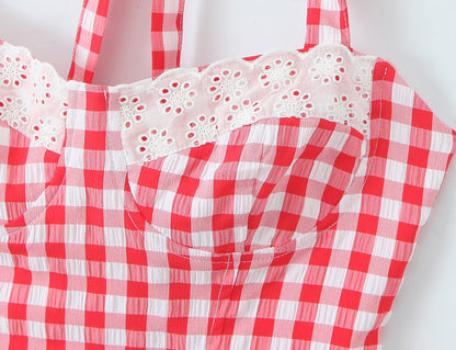 Sexy Plaid Polyester Bandeau Top With Halter Strap Design For Trendy Summer Style