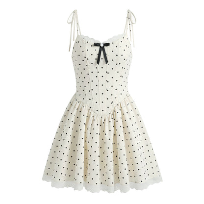 Polka Dot Dress Sleeveless Collarless Knee-Length Dress In Polyester Fabric