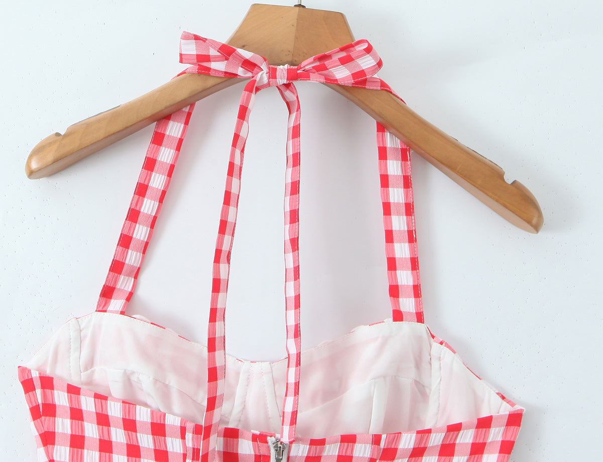 Sexy Plaid Polyester Bandeau Top With Halter Strap Design For Trendy Summer Style