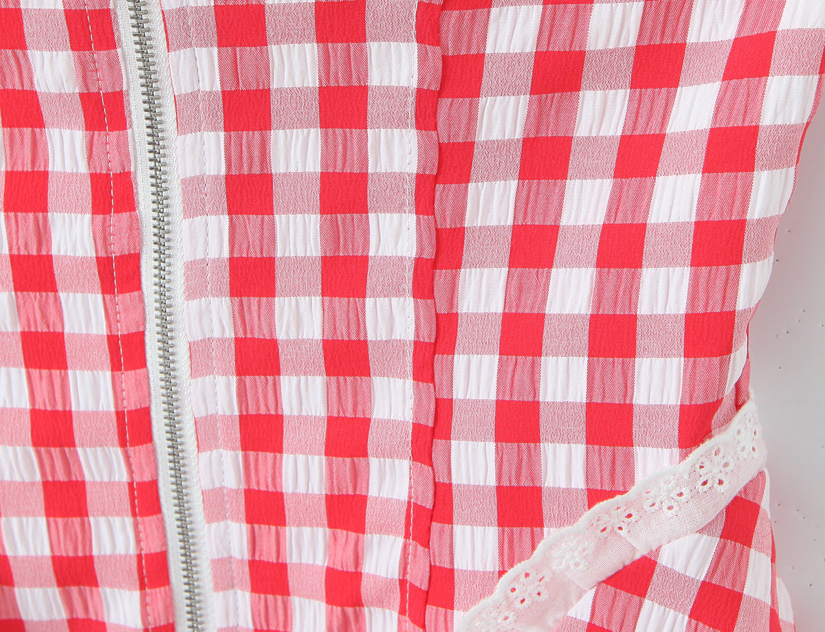 Sexy Plaid Polyester Bandeau Top With Halter Strap Design For Trendy Summer Style