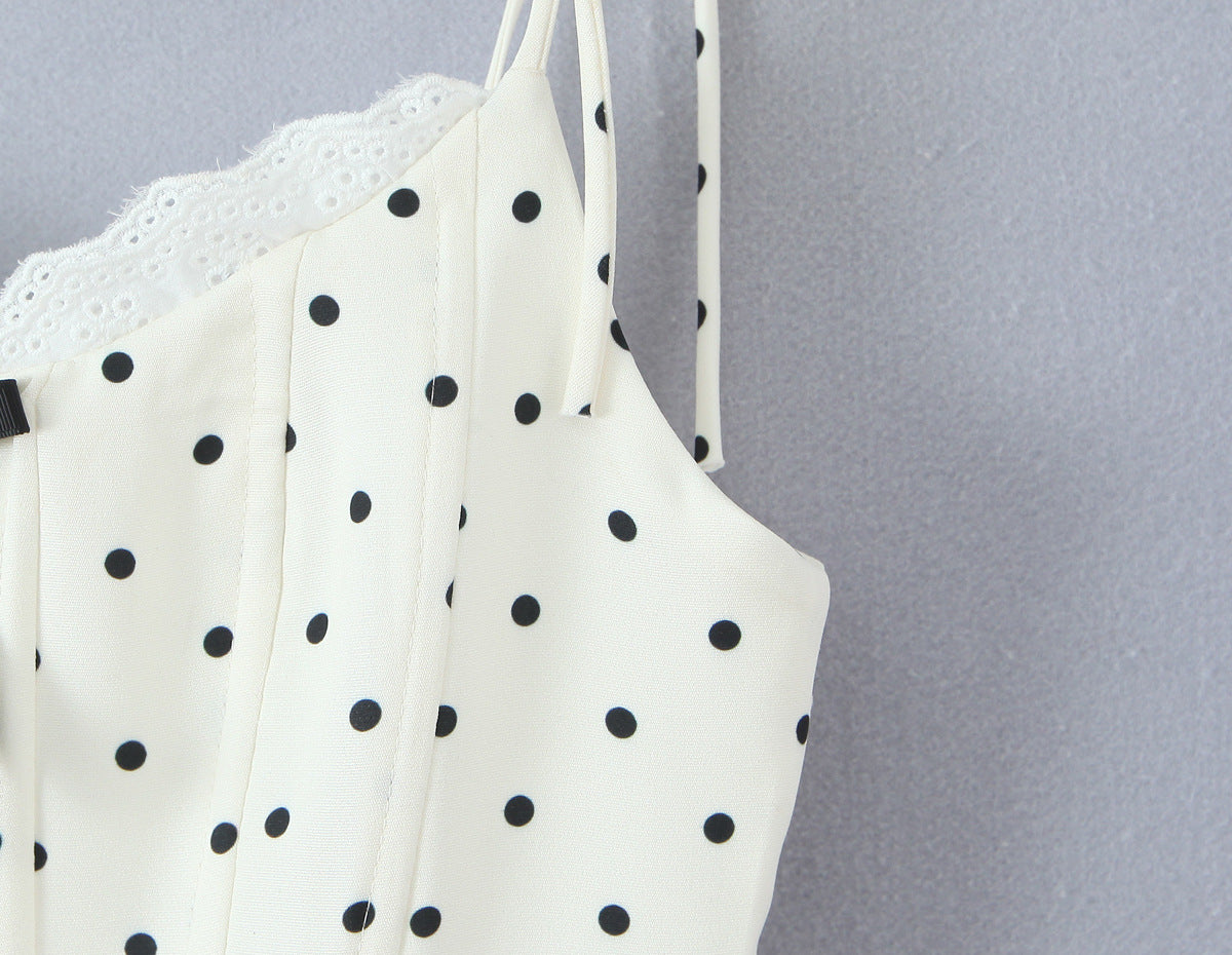 Polka Dot Dress Sleeveless Collarless Knee-Length Dress In Polyester Fabric