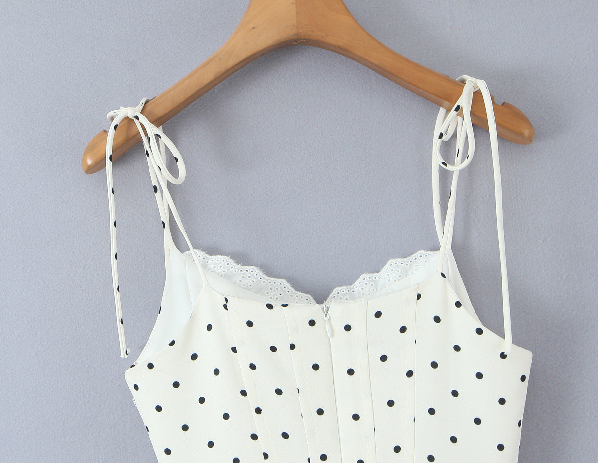 Polka Dot Dress Sleeveless Collarless Knee-Length Dress In Polyester Fabric