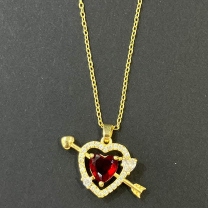 Heart Shape Necklace For Women In Golden Plated Copper With Artificial Crystal Inlay And Cable Chain
