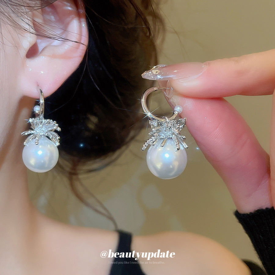 C Shape Stud Earrings For Women In Silver With Imitation Pearl And Zircon Inlay