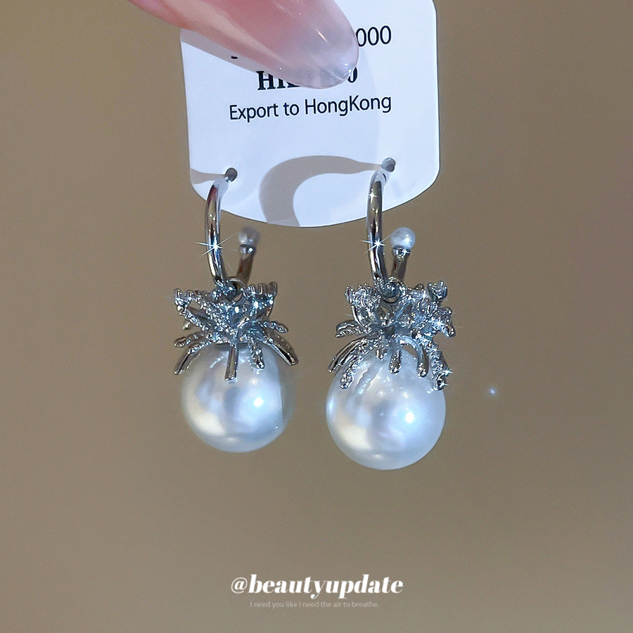 C Shape Stud Earrings For Women In Silver With Imitation Pearl And Zircon Inlay