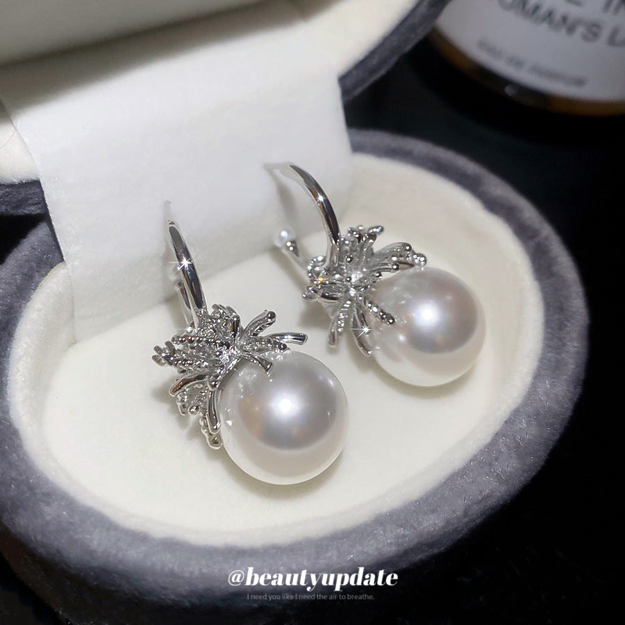 C Shape Stud Earrings For Women In Silver With Imitation Pearl And Zircon Inlay
