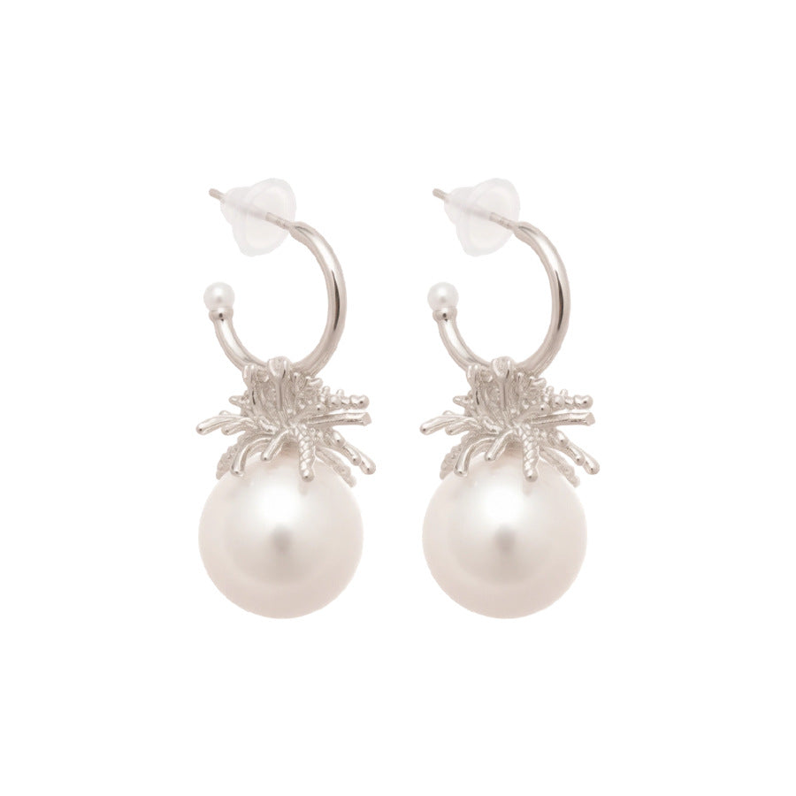 C Shape Stud Earrings For Women In Silver With Imitation Pearl And Zircon Inlay