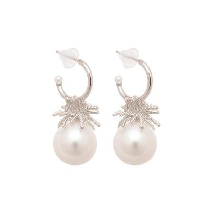 C Shape Stud Earrings For Women In Silver With Imitation Pearl And Zircon Inlay
