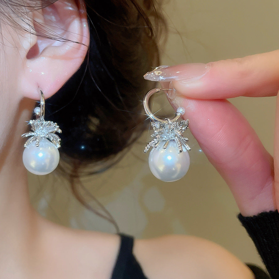 C Shape Stud Earrings For Women In Silver With Imitation Pearl And Zircon Inlay