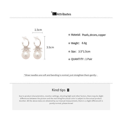 C Shape Stud Earrings For Women In Silver With Imitation Pearl And Zircon Inlay