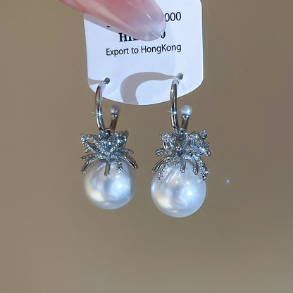 C Shape Stud Earrings For Women In Silver With Imitation Pearl And Zircon Inlay