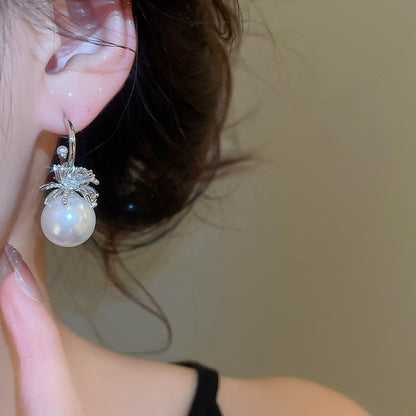 C Shape Stud Earrings For Women In Silver With Imitation Pearl And Zircon Inlay
