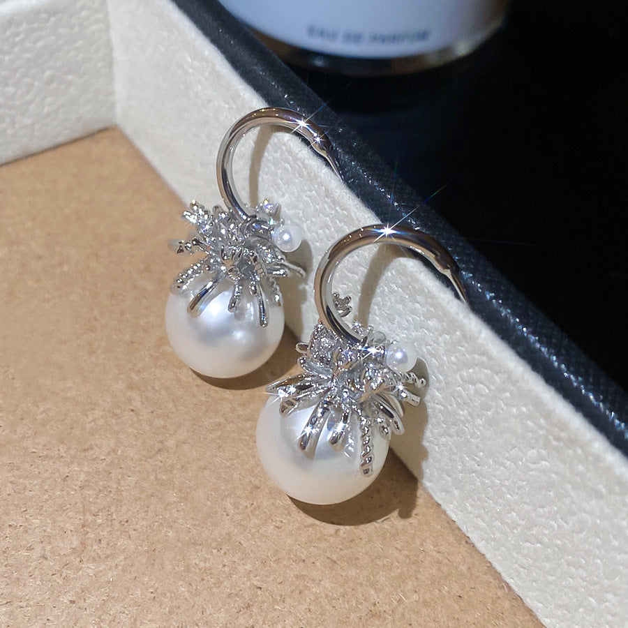C Shape Stud Earrings For Women In Silver With Imitation Pearl And Zircon Inlay