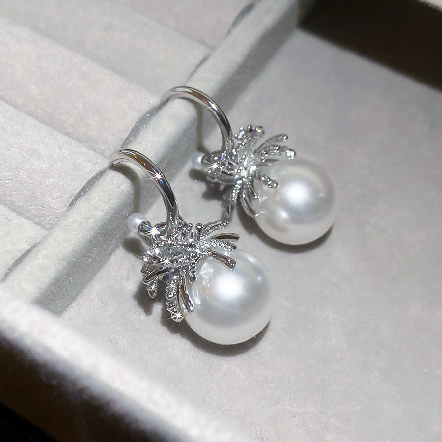 C Shape Stud Earrings For Women In Silver With Imitation Pearl And Zircon Inlay