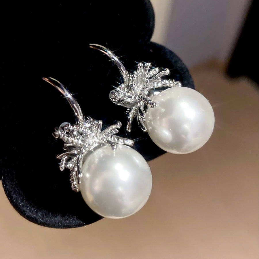 C Shape Stud Earrings For Women In Silver With Imitation Pearl And Zircon Inlay