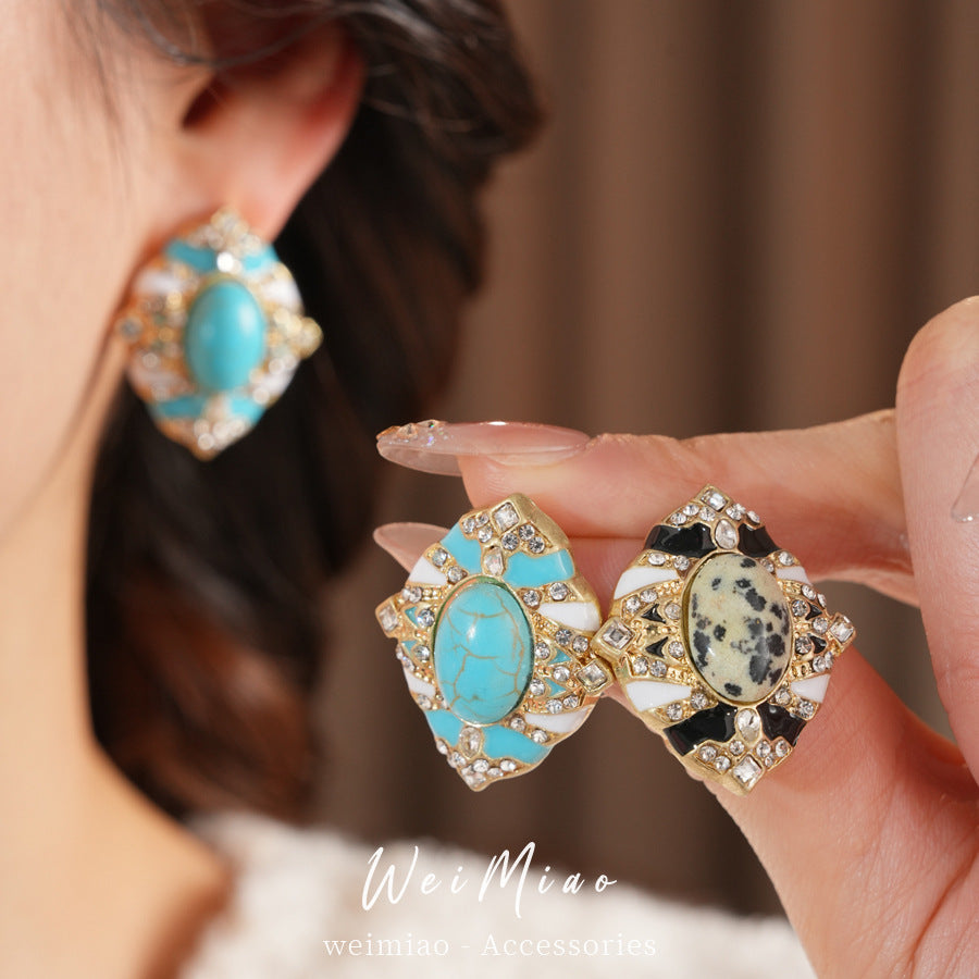 Retro Oval Enamel Stone Stud Earrings For Women In Golden Color