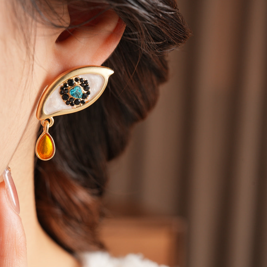 Retro Golden Enamel Alloy Stud Earrings For Women Featuring Eye Pattern