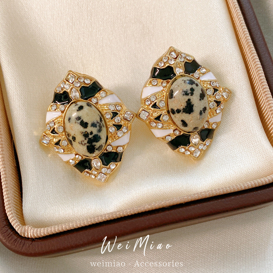 Retro Oval Enamel Stone Stud Earrings For Women In Golden Color