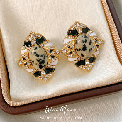 Retro Oval Enamel Stone Stud Earrings For Women In Golden Color