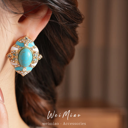 Retro Oval Enamel Stone Stud Earrings For Women In Golden Color