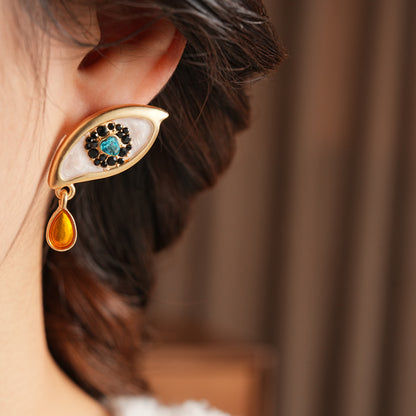 Retro Golden Enamel Alloy Stud Earrings For Women Featuring Eye Pattern