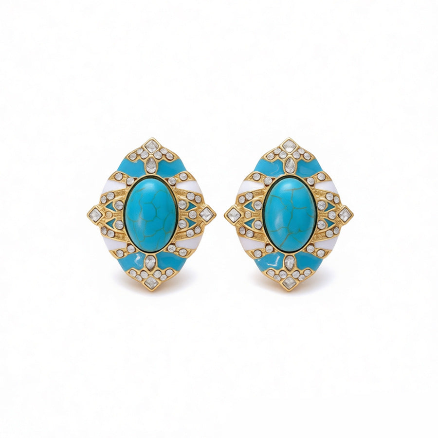 Retro Oval Enamel Stone Stud Earrings For Women In Golden Color