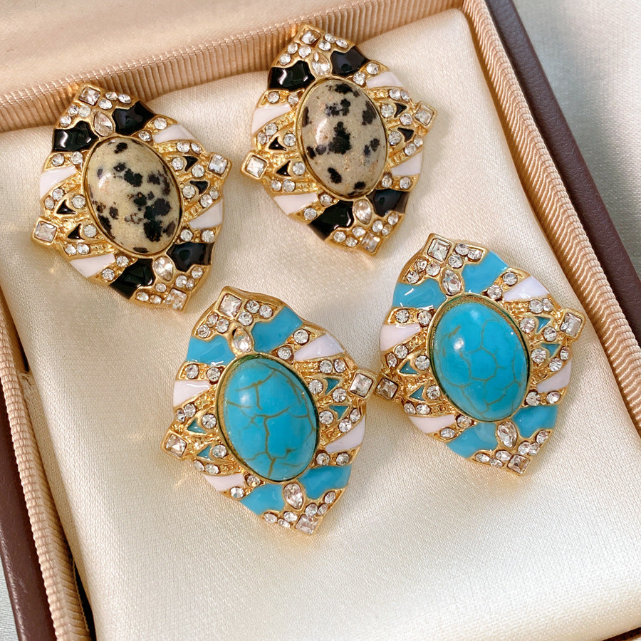 Retro Oval Enamel Stone Stud Earrings For Women In Golden Color