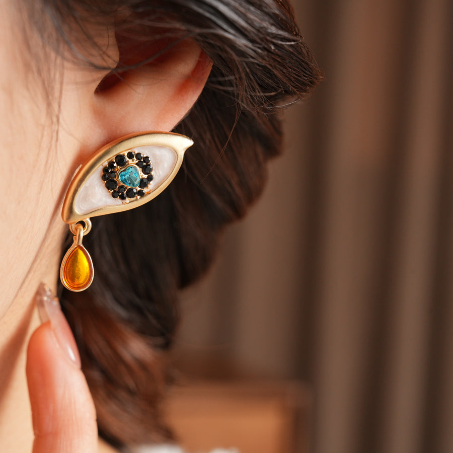 Retro Golden Enamel Alloy Stud Earrings For Women Featuring Eye Pattern