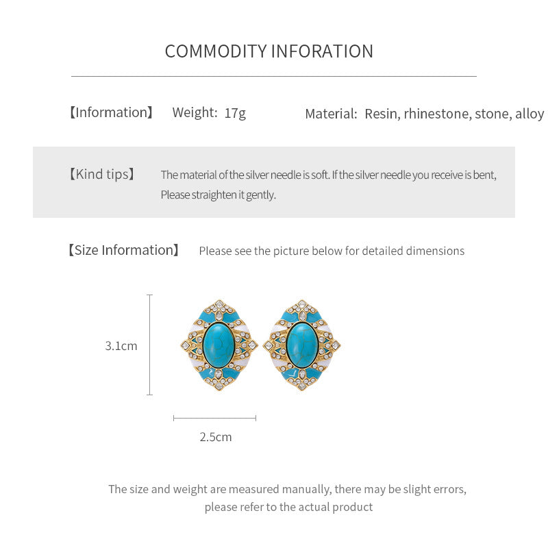 Retro Oval Enamel Stone Stud Earrings For Women In Golden Color